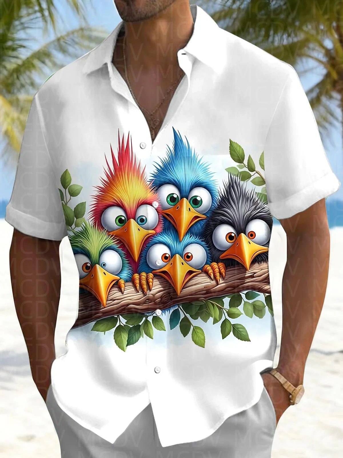 Shirt Camp Collar - Bird Pattern Men's Hawaiian Shirt Stretch
