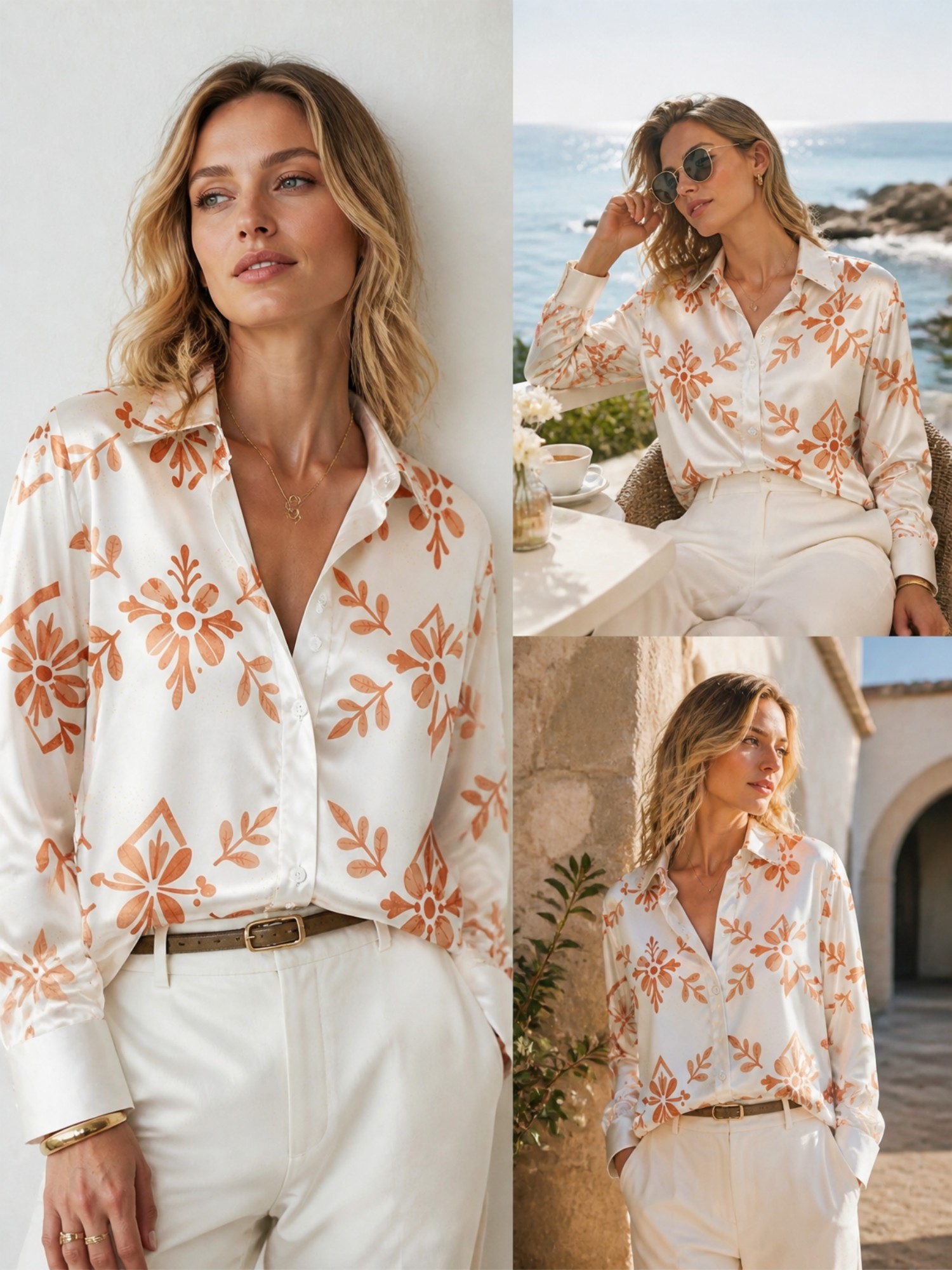 Cream Orange Floral Satin Blou – Resort Shirt Floral Bewertung und Preis